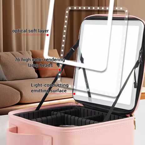 Makeup Bag with Mirror of LED Lighted, Travel Makeup Train Case Cosmetic Bag Organizer with Mirror and Lights, Make up Bag with Light up Mirror Adjustable Divider Brush Board