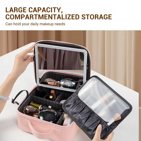 Makeup Bag with Mirror of LED Lighted, Travel Makeup Train Case Cosmetic Bag Organizer with Mirror and Lights, Make up Bag with Light up Mirror Adjustable Divider Brush Board