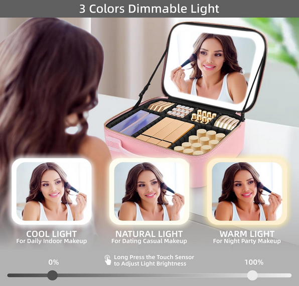 Makeup Bag with Mirror of LED Lighted, Travel Makeup Train Case Cosmetic Bag Organizer with Mirror and Lights, Make up Bag with Light up Mirror Adjustable Divider Brush Board
