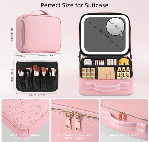 Makeup Bag with Mirror of LED Lighted, Travel Makeup Train Case Cosmetic Bag Organizer with Mirror and Lights, Make up Bag with Light up Mirror Adjustable Divider Brush Board