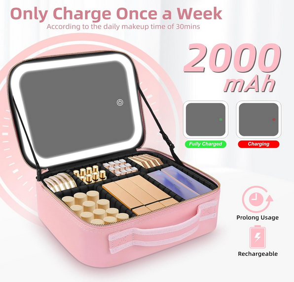 Makeup Bag with Mirror of LED Lighted, Travel Makeup Train Case Cosmetic Bag Organizer with Mirror and Lights, Make up Bag with Light up Mirror Adjustable Divider Brush Board