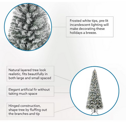 7.5ft Frosted Prelit Slim Artificial Christmas Tree with 1102 Branch Tips, 350 Warm Lights and Metal Stand, 34" Wide