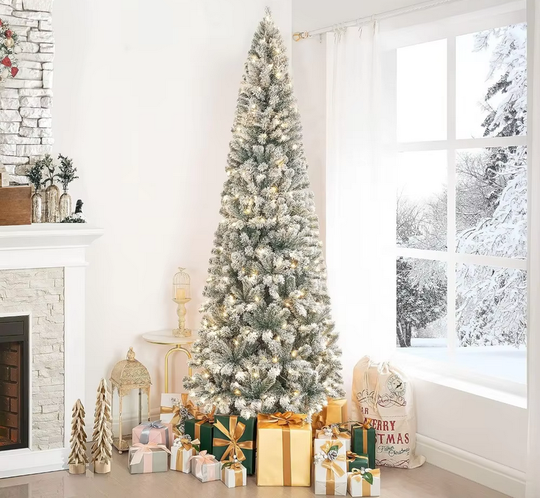 7.5ft Frosted Prelit Slim Artificial Christmas Tree with 1102 Branch Tips, 350 Warm Lights and Metal Stand, 34" Wide