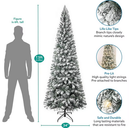 7.5ft Frosted Prelit Slim Artificial Christmas Tree with 1102 Branch Tips, 350 Warm Lights and Metal Stand, 34" Wide