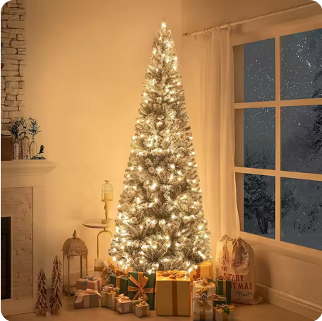 7.5ft Frosted Prelit Slim Artificial Christmas Tree with 1102 Branch Tips, 350 Warm Lights and Metal Stand, 34" Wide