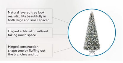 7.5ft Frosted Prelit Slim Artificial Christmas Tree with 1102 Branch Tips, 350 Warm Lights and Metal Stand, 34" Wide